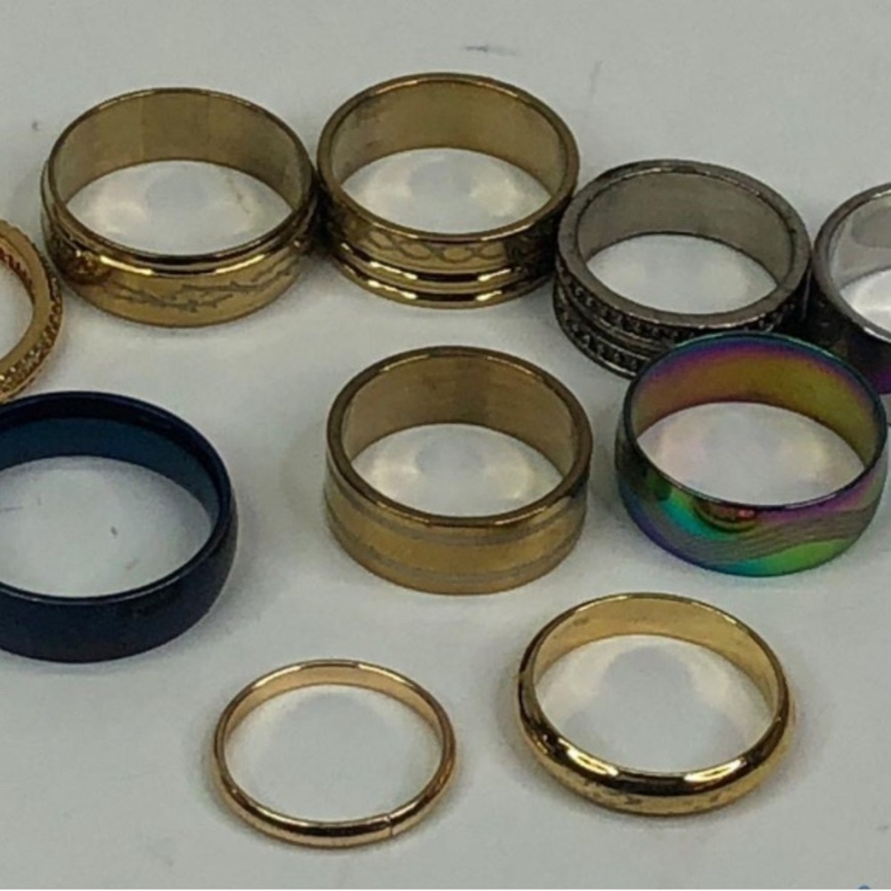 Gold and Silver Tone Blue Metal CZ Band Rings Assortment of 10